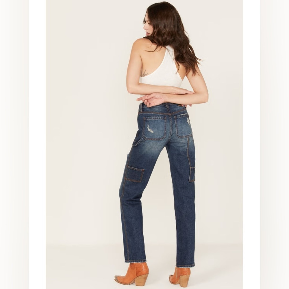 Cleo + Wolf High Rise Straight Carpenter Jeans Distressed Dark Wash 27x32 - Picture 2 of 13